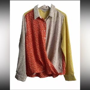 SEE AND BE SEEN Top Floral Block Button Down Blouse Boho Size L Front Twist